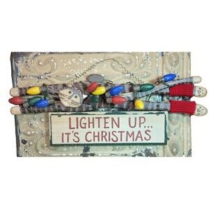 Cat Wrapped in Lights "Lighten up it's Christmas" Wooden Sign 17.5" x 7.5"